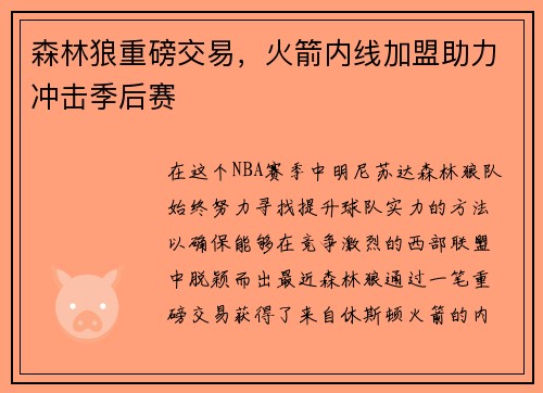 森林狼重磅交易，火箭内线加盟助力冲击季后赛